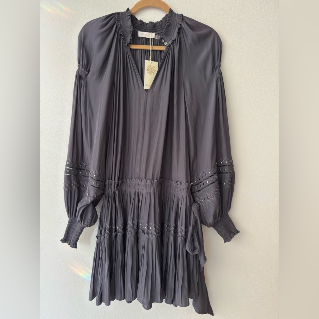 Nwt Ramy Brook Rose Long Sleeve Embellished Studded Mini Dress Grey Sz S $485
